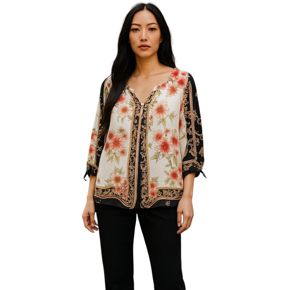 Fig & Flower Top Womens Size 2X White Black Boho Peasant Tie Sleeve Floral‎ New